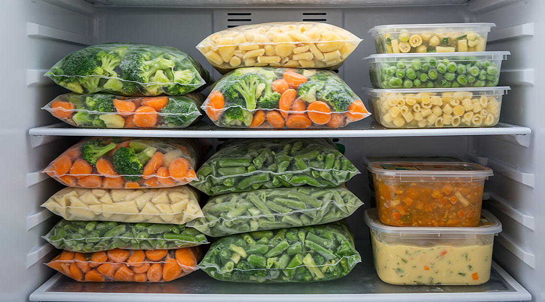 Various healthy frozen foods stored in a freezer